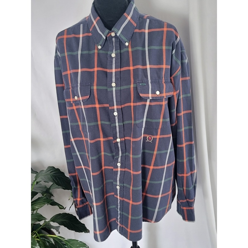 Tommy Hilfiger Mens XL Plaid Button‎ Down Shirt Navy Red Cotton Long Sleeve